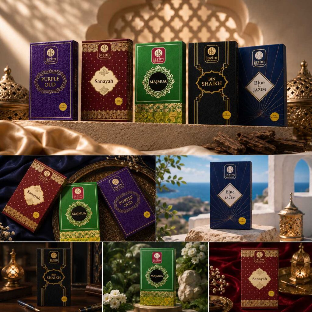 Elegant collage of Jazim Perfumes attar boxes including Purple Oud, Sanayah, Majmua, Bin Shaikh, and Blue By Jazim displayed in luxurious Arabic-inspired settings with warm lighting, silk fabrics, lanterns, and premium decorative backgrounds.