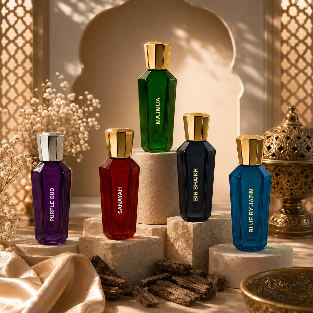 Luxury Jazim Perfumes attar bottle collection displayed on elegant stone pedestals with warm golden lighting, Arabic-inspired décor, silk fabric, and oud wood pieces in a premium aesthetic setting.