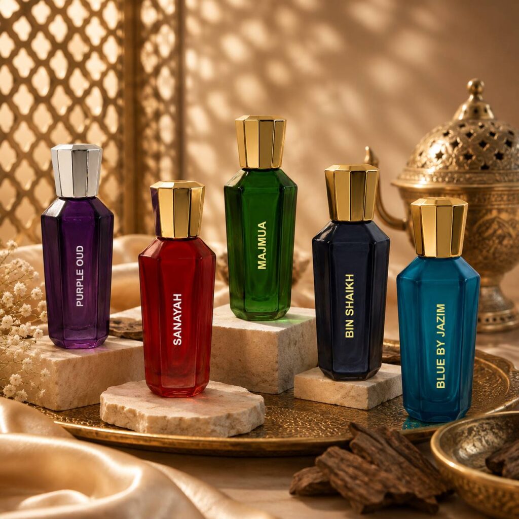 Luxury Jazim Perfumes attar bottle collection featuring Purple Oud, Sanayah, Majmua, Bin Shaikh, and Blue By Jazim displayed on elegant stone platforms with warm Arabic-inspired décor background.